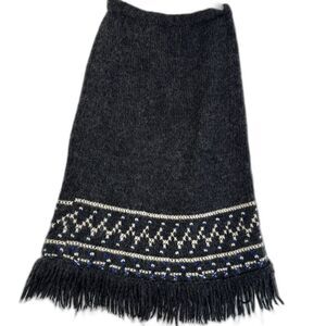 Free People Fuzzy Fringe Knit Midi Skirt M Gray Fair Isle Wool Blend Boho